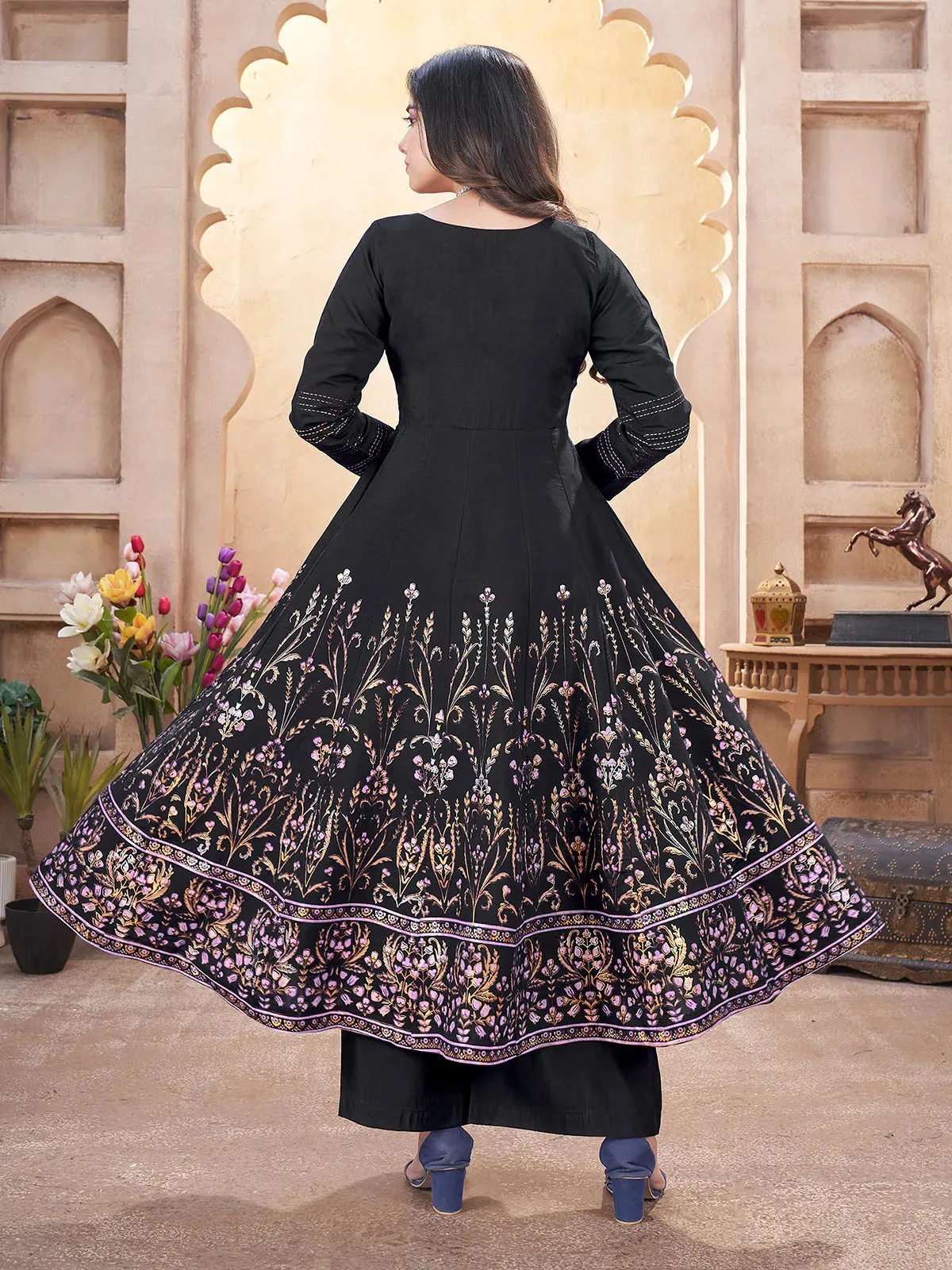 Black Silk Foil Print Kurti Set with Mirror Work