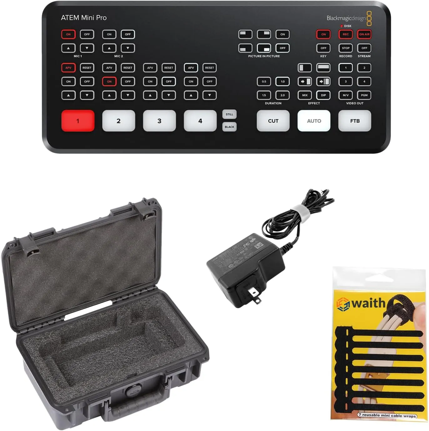 Blackmagic Design ATEM Mini Pro 4-Channel HDMI Live Stream Switcher with SKB iSeries Hard Case and 3.5" Mini Cable Wraps (Bundle Set)