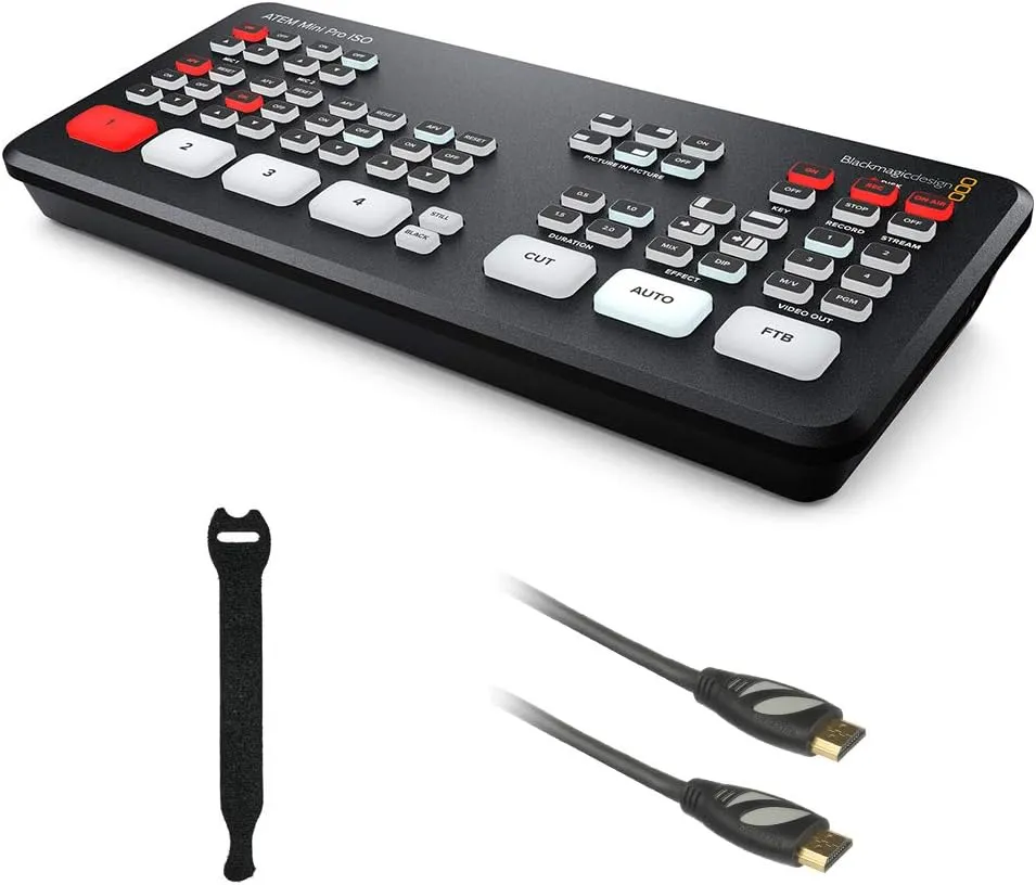Blackmagic Design ATEM Mini Pro ISO HDMI Livestream Switcher with High-speed 6' HDMI Cable & 10-Pack Straps Bundle