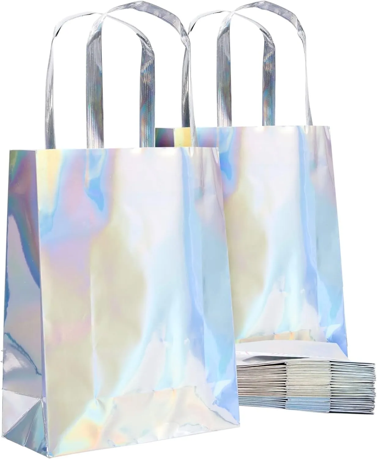 BLUE PANDA 20 Pack Holographic Foil Paper Gift Bags with Handles, Reusable Iridescent Gift Bags for Baby Shower, Birthday, Wedding, Party Favors, Goodies, Boutique (7 x 9 x 3 In)