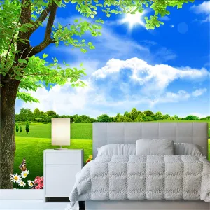 Blue Sky White Cloud Tree Scenery Wall Mural, Green Prairie Lawn Artwork Wallpaper, Wall Decal Good Adhesion Clear Picture Apply to Tv Background Wall（59"W x 39.4"H）