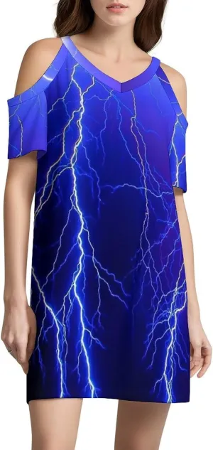 Blue Thunder Storm Women's Mini Dress Off Shoulder Sundress Short Sleeve Dresses Summer