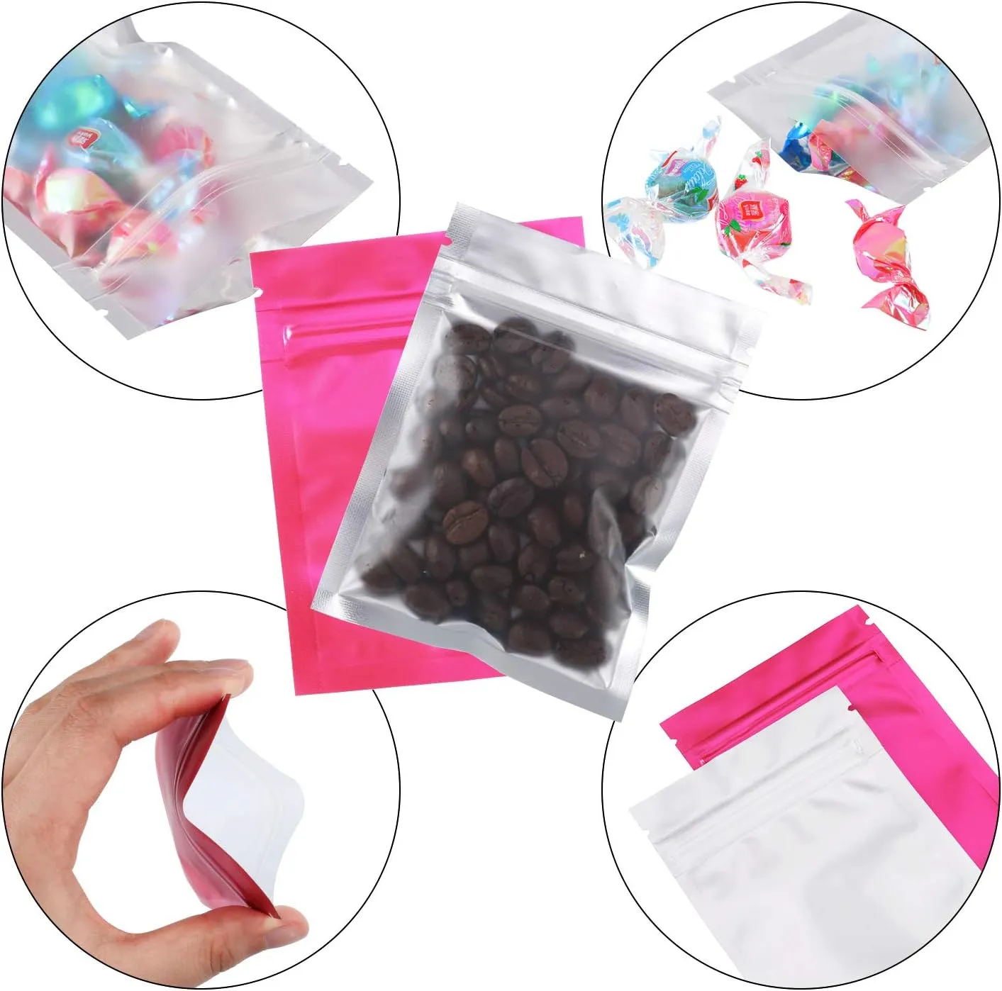 Blulu 100 Pieces Resealable Smell Foil Proof Bag Foil Pouch Flat Bag for Party Favor Food Storage(3 x 4 Inch,Pink)