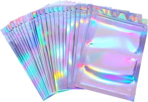Blulu 100 Pieces Resealable Smell Foil Proof Bag Foil Pouch Flat Bag for Party Favor Food Storage(5.5 x 7.8 Inches,Holographic Color)