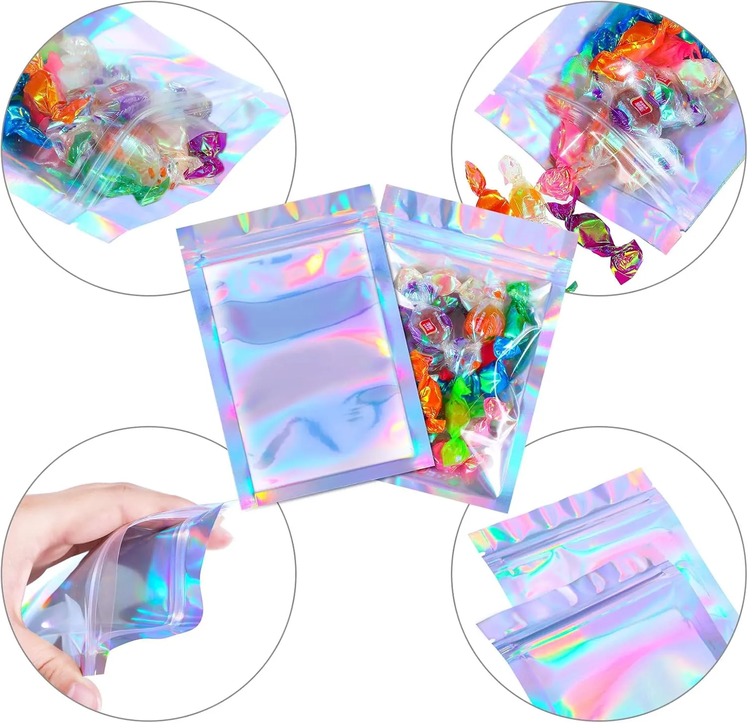 Blulu 100 Pieces Resealable Smell Foil Proof Bag Foil Pouch Flat Bag for Party Favor Food Storage(5.5 x 7.8 Inches,Holographic Color)