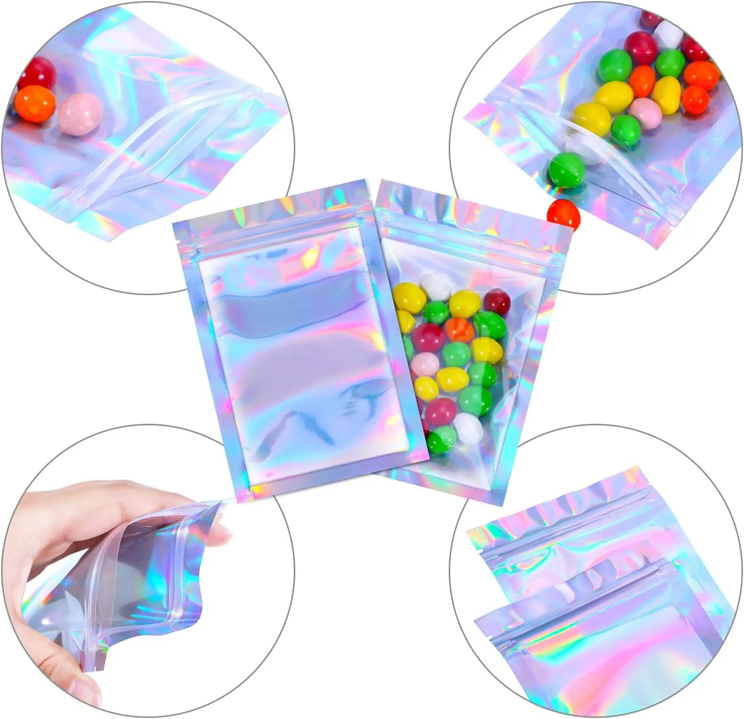 Blulu 100 Pieces Resealable Smell Foil Proof Bag Foil Pouch Flat Bag for Party Favor Food Storage(7 x 9 Inches,Holographic Color)