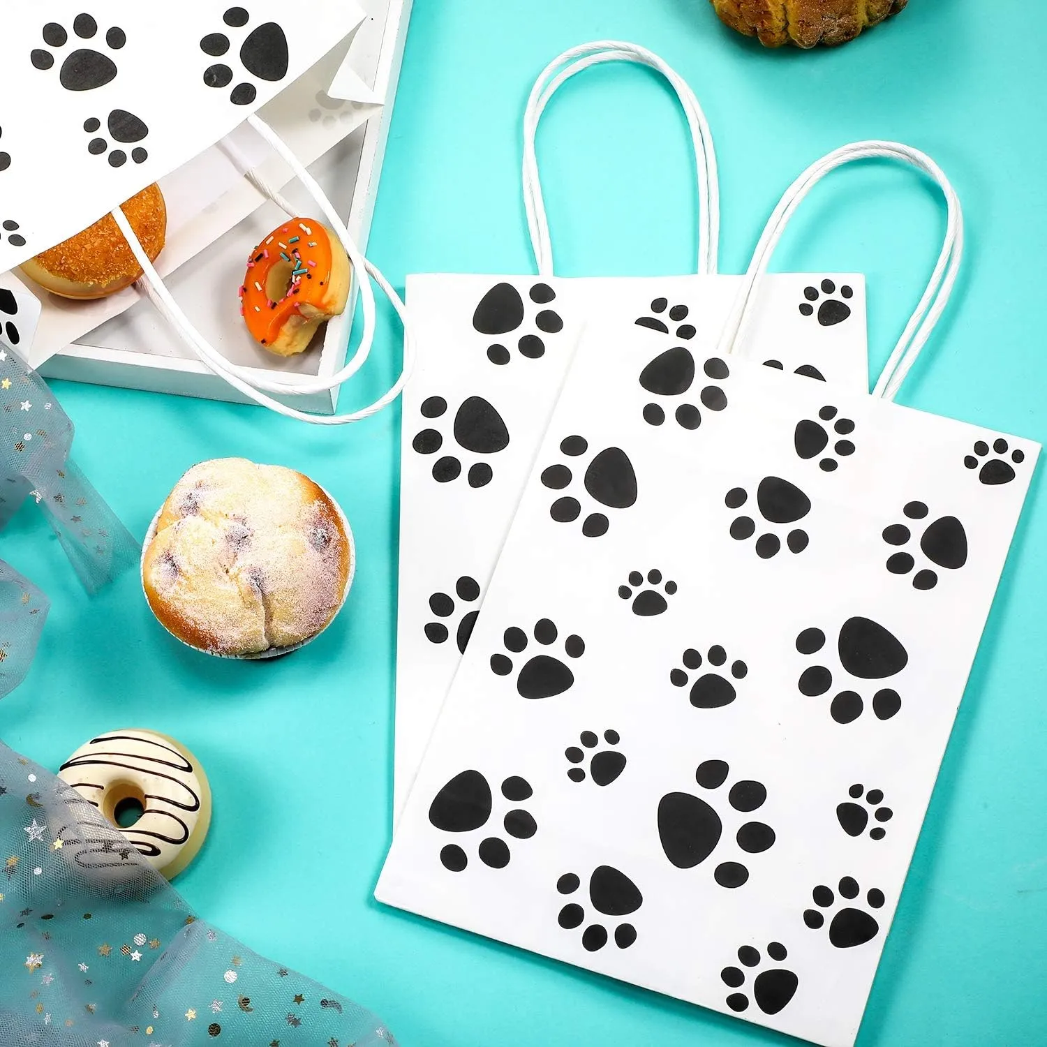 Blulu 20 Pcs Puppy Dog Paw Gift Bags with Paper Twist Handles, Dog Gift Paper Paw Treat Goodie Bags for PET Treat Party Favor, 6.3 x 3.1 x 8.6 Inch(White Backing)