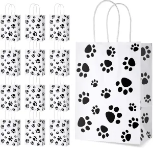 Blulu 20 Pcs Puppy Dog Paw Gift Bags with Paper Twist Handles, Dog Gift Paper Paw Treat Goodie Bags for PET Treat Party Favor, 6.3 x 3.1 x 8.6 Inch(White Backing)
