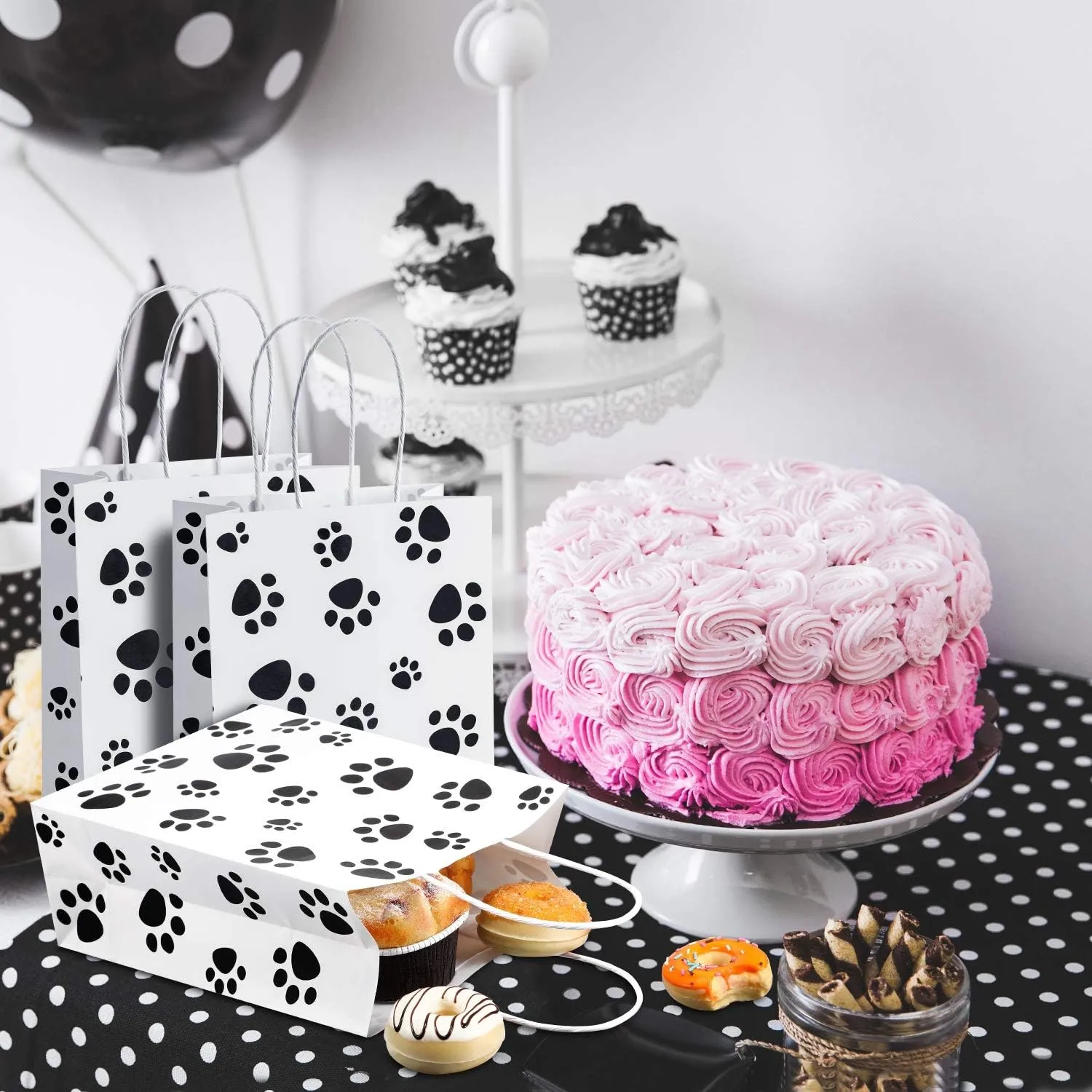 Blulu 20 Pcs Puppy Dog Paw Gift Bags with Paper Twist Handles, Dog Gift Paper Paw Treat Goodie Bags for PET Treat Party Favor, 6.3 x 3.1 x 8.6 Inch(White Backing)