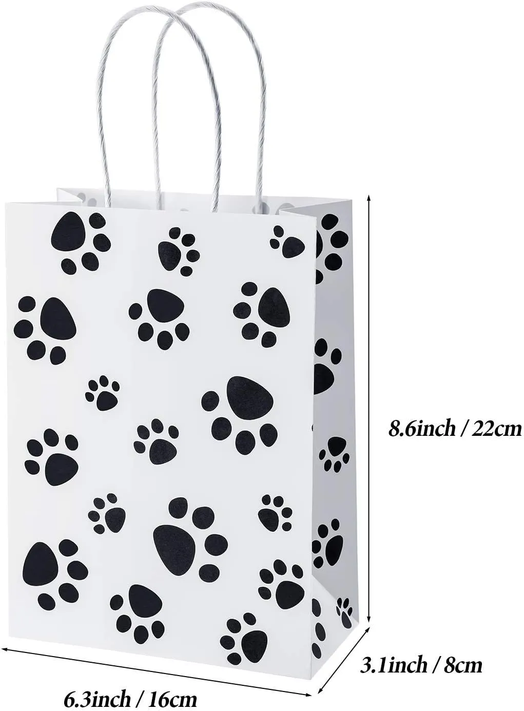 Blulu 20 Pcs Puppy Dog Paw Gift Bags with Paper Twist Handles, Dog Gift Paper Paw Treat Goodie Bags for PET Treat Party Favor, 6.3 x 3.1 x 8.6 Inch(White Backing)