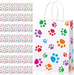Blulu 50 Pcs Puppy Dog Gift Bag 6.3 x 3.1 x 8.6 Inch Paw Gift Goodie Dog Treat Bag with Paper Twist Handles for Puppy Pet Party Favors Paw Print Party Supplies(Colorful)
