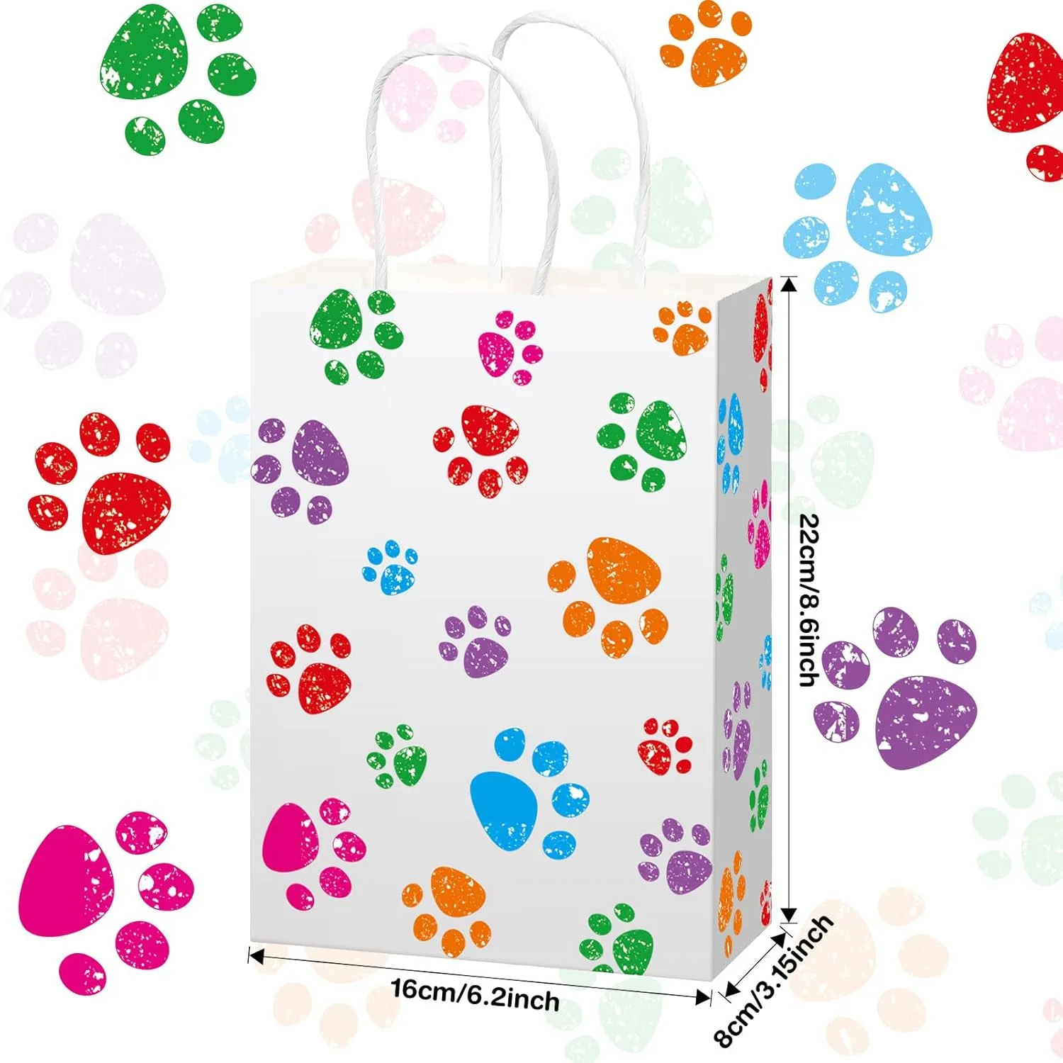 Blulu 50 Pcs Puppy Dog Gift Bag 6.3 x 3.1 x 8.6 Inch Paw Gift Goodie Dog Treat Bag with Paper Twist Handles for Puppy Pet Party Favors Paw Print Party Supplies(Colorful)