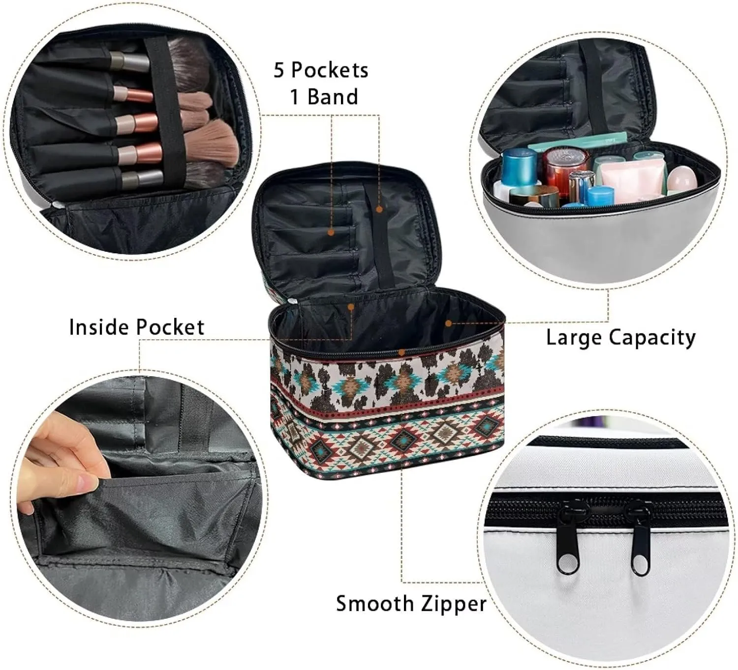 Boatee Aztec Cow Print Makeup Bag Fashion Purse Large Makeup Organizer Travel Cosmetic Bag Makeup Brushes Aesthetic Accessories Toiletry Bags Wallet