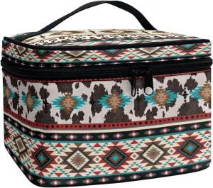 Boatee Aztec Cow Print Makeup Bag Fashion Purse Large Makeup Organizer Travel Cosmetic Bag Makeup Brushes Aesthetic Accessories Toiletry Bags Wallet