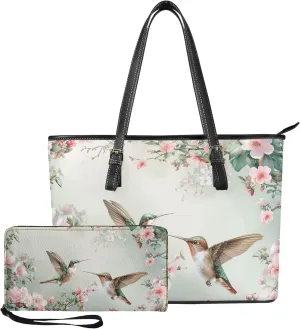 Boatee Hummingbird Pomegranate Flower Women Handbags and Purse Set Large Capacity Tote Bag with Zipper for Travel and Multifunctional Key Chain Wallet Women Wristlet 2 Pieces Set
