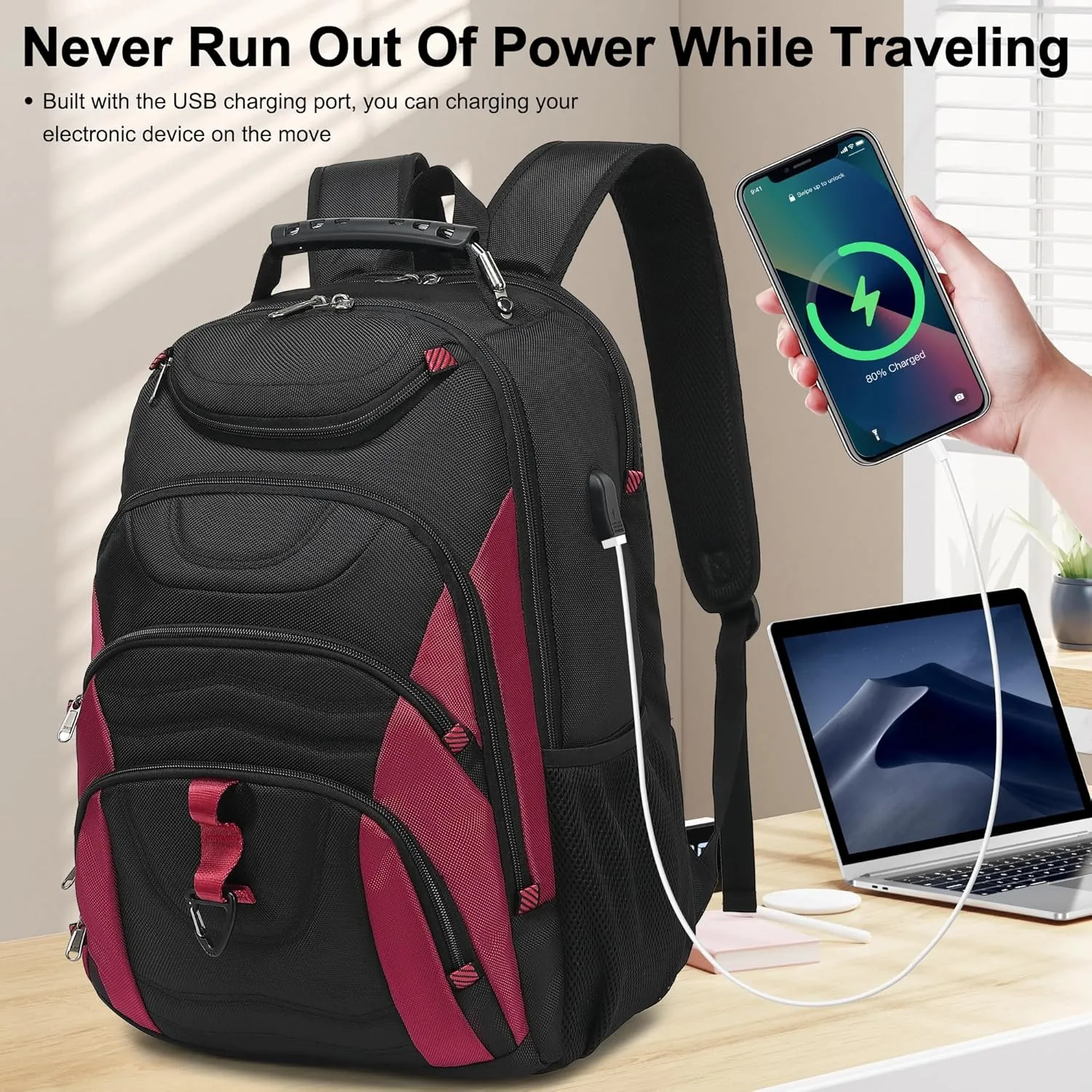 Boavan Laptop Backpack for men, 17.3 inch Laptop Bag with USB Port, Waterproof Travel Work Backpack Purse, Anti-Theft Teacher Nurse Doctor Casual Bookbags Office Business backpack，Black&Russet Red