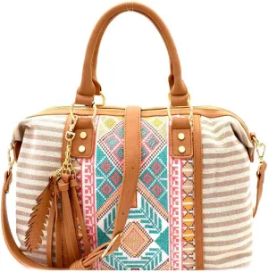 Boho Tassel Leaf Charm Aztec & Stripe Embroidered Canvas Satchel Tote Handbag Purse
