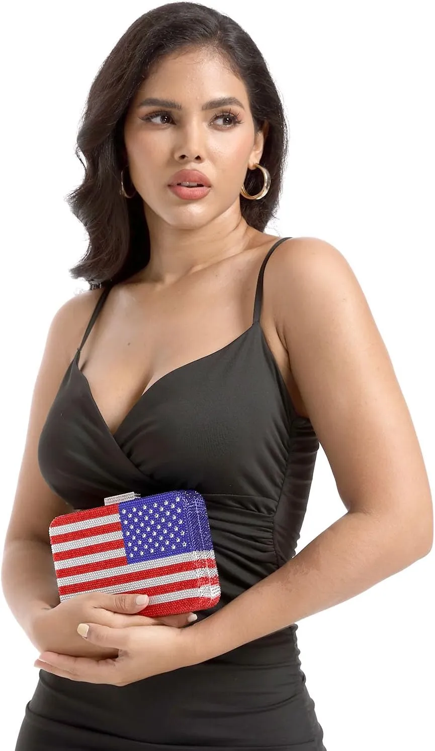 Boutique De FGG The American National Flag Crystal Clutch Purse for Women Evening Bags Party Chain Shoulder Handbags,Mini