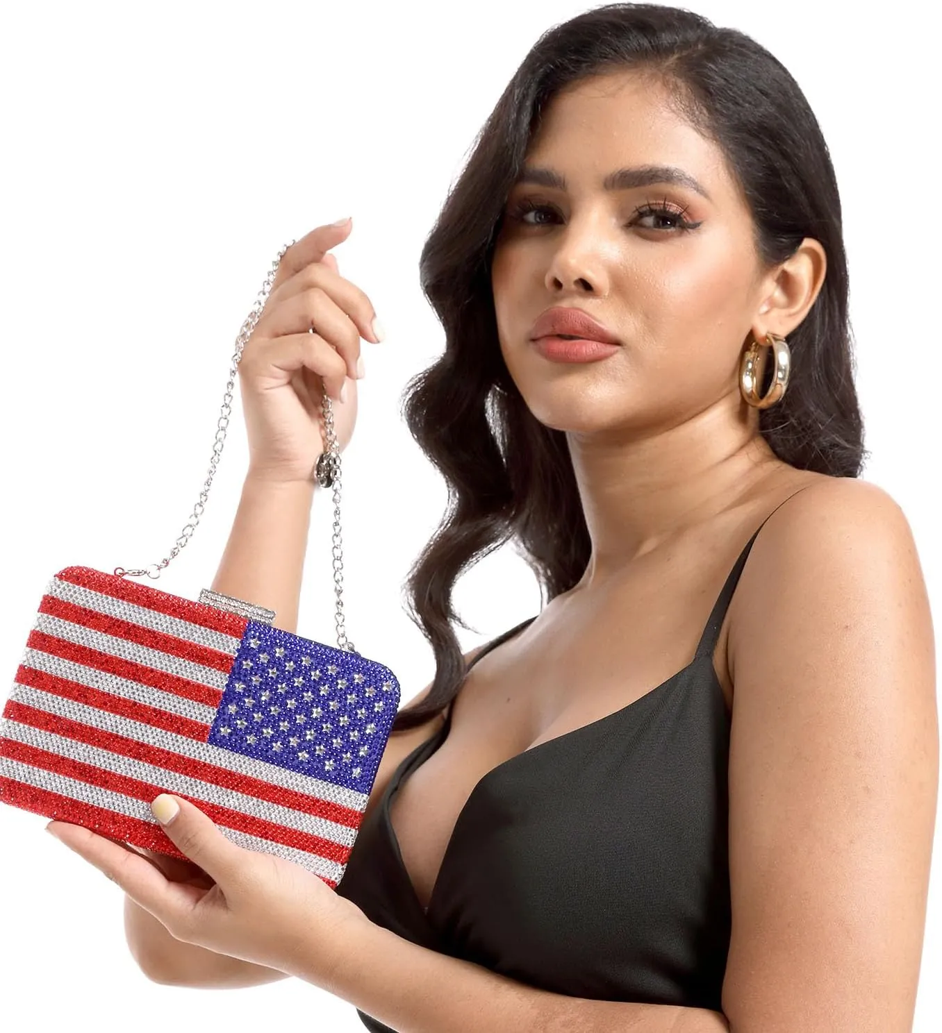 Boutique De FGG The American National Flag Crystal Clutch Purse for Women Evening Bags Party Chain Shoulder Handbags,Mini
