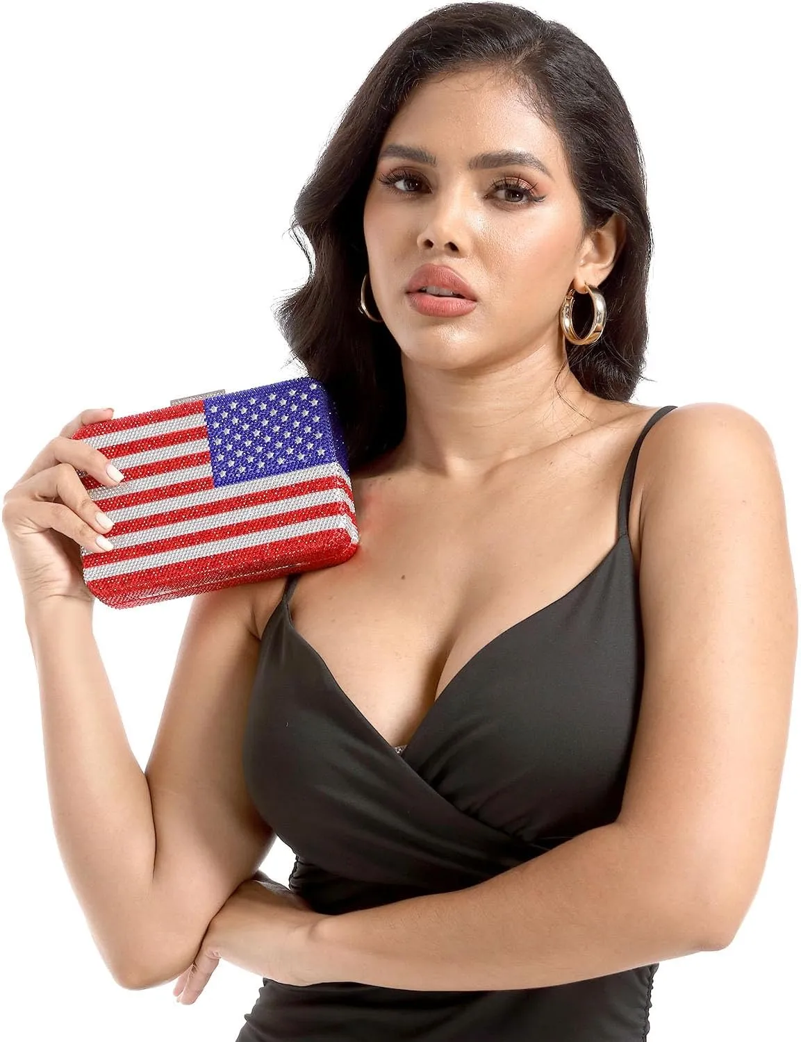 Boutique De FGG The American National Flag Crystal Clutch Purse for Women Evening Bags Party Chain Shoulder Handbags,Mini