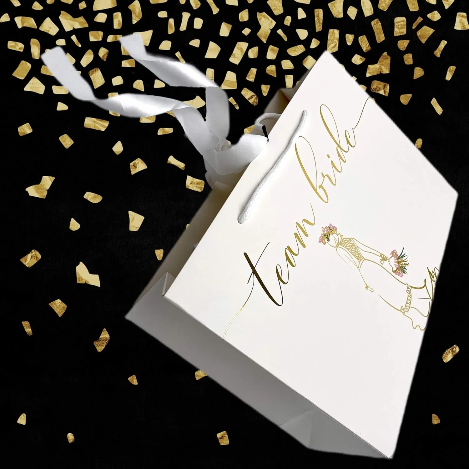 Bridesmaids Gift Bags Proposal, Euro Style With Handle & Satin Ribbon, Set Of 7. In Gold Foil For Bridal Party, Bachelorette Favors, I Do Crew Or Team Bride Tribe Gifts. (White & Gold Foil, 7)