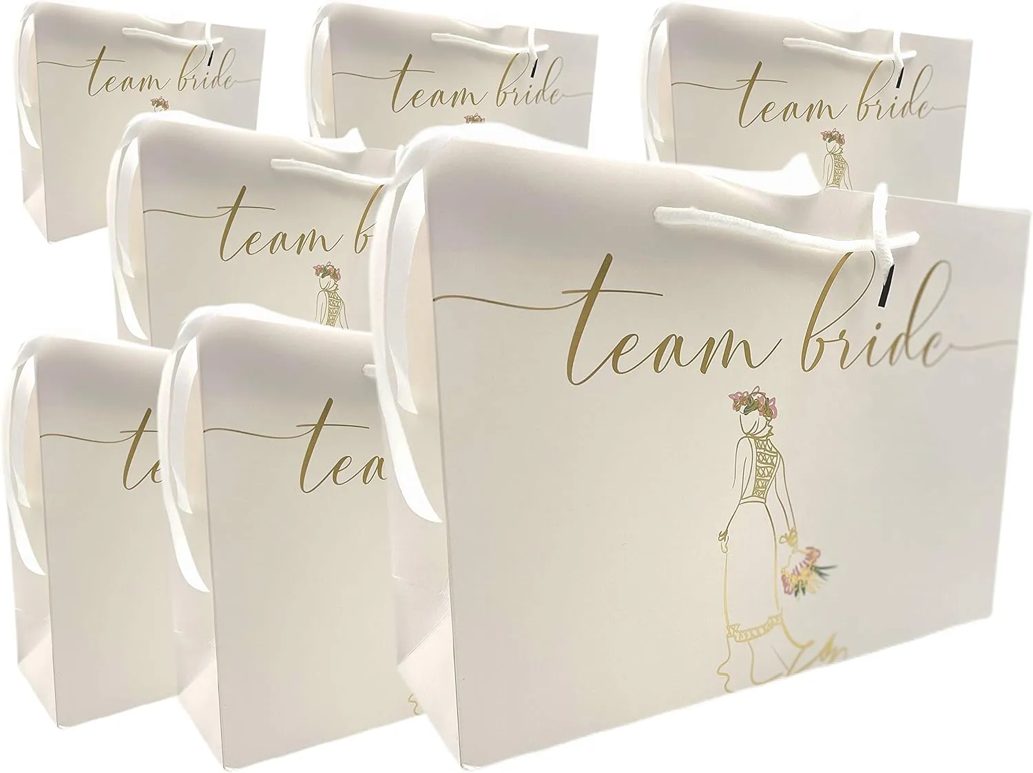 Bridesmaids Gift Bags Proposal, Euro Style With Handle & Satin Ribbon, Set Of 7. In Gold Foil For Bridal Party, Bachelorette Favors, I Do Crew Or Team Bride Tribe Gifts. (White & Gold Foil, 7)