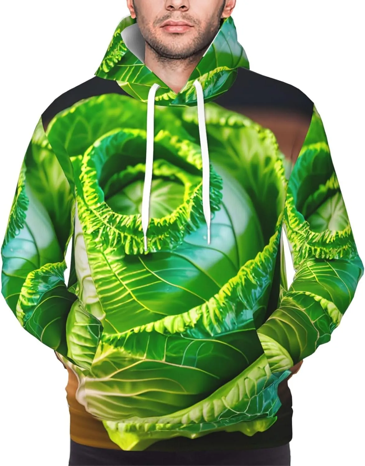 Bright Cabbage Print Pullover Hoodie Cozy Cotton Blend Men Hoodie Breathable Sweatshirt Casual Style