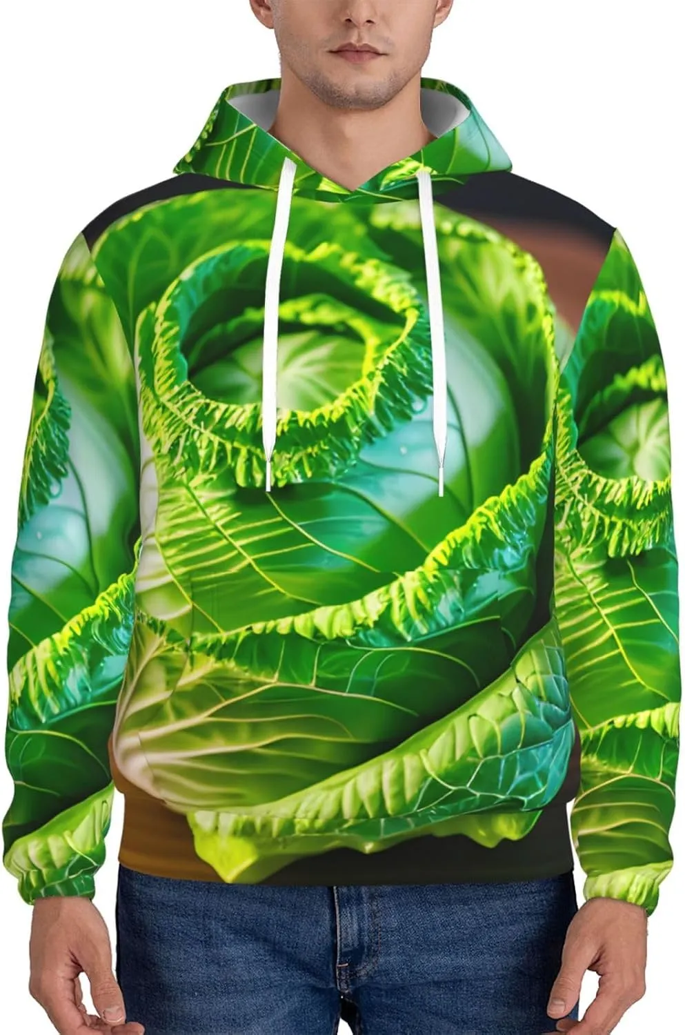 Bright Cabbage Print Pullover Hoodie Cozy Cotton Blend Men Hoodie Breathable Sweatshirt Casual Style