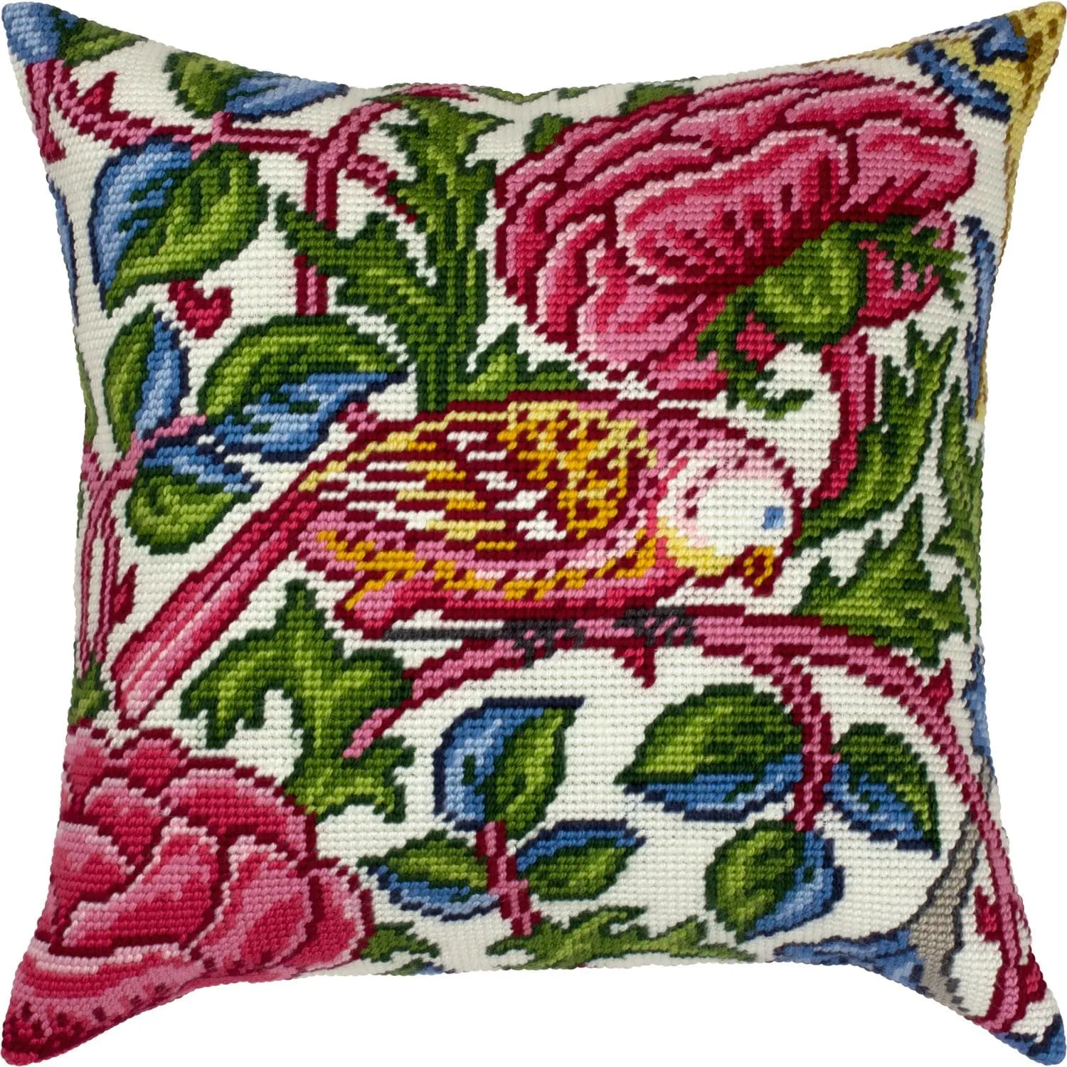 Brvsk Embroidery Kit for Adults and Beginners — Enchanted Bird by William Morris 16″ × 16″ with Clear, Precise Printed Design on Cotton Canvas; Includes 2 Needles, Yarn, and Easy-Read Chart