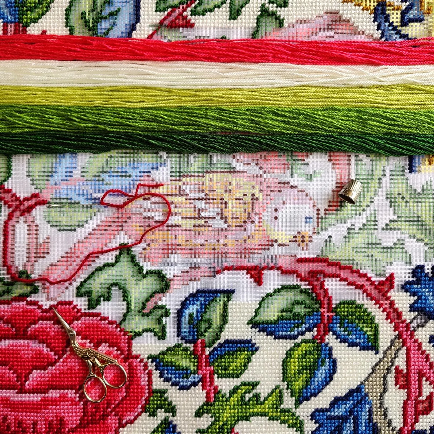Brvsk Embroidery Kit for Adults and Beginners — Enchanted Bird by William Morris 16″ × 16″ with Clear, Precise Printed Design on Cotton Canvas; Includes 2 Needles, Yarn, and Easy-Read Chart
