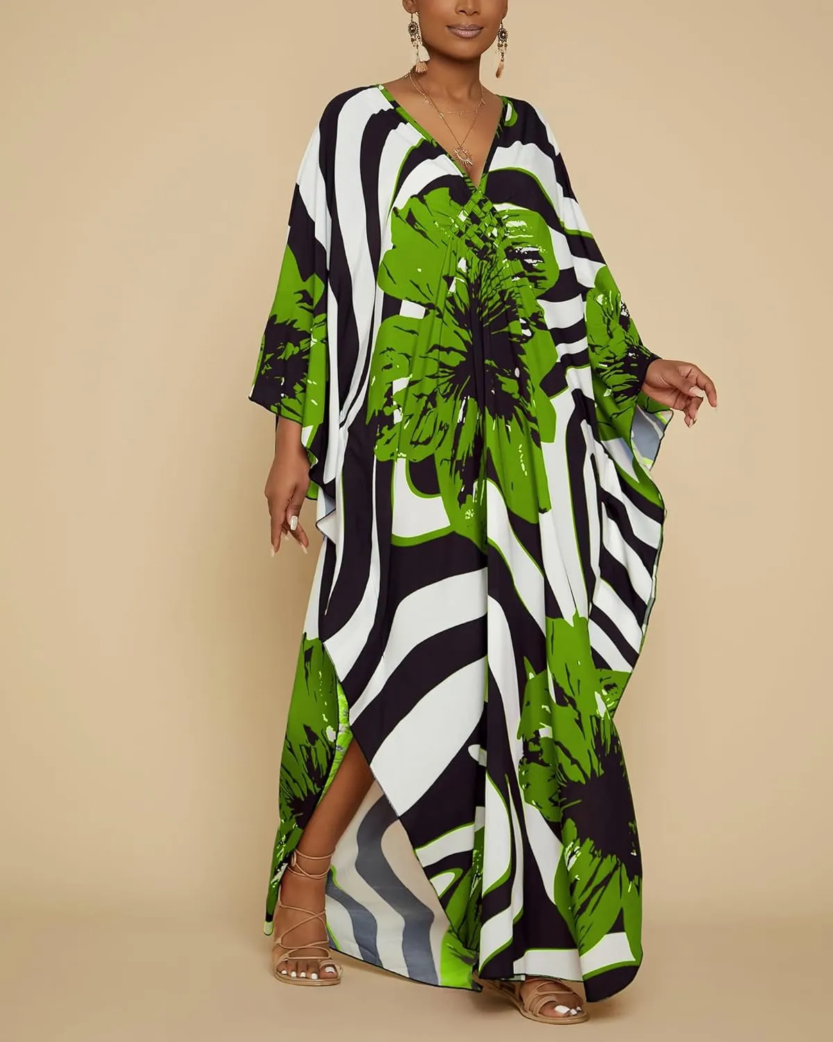 Bsubseach Women Floral Print Kaftan Dresses Plus Size Swimsuit Coverup 2025 Summer Bathing Suit Caftan Loungewear Beach Dress