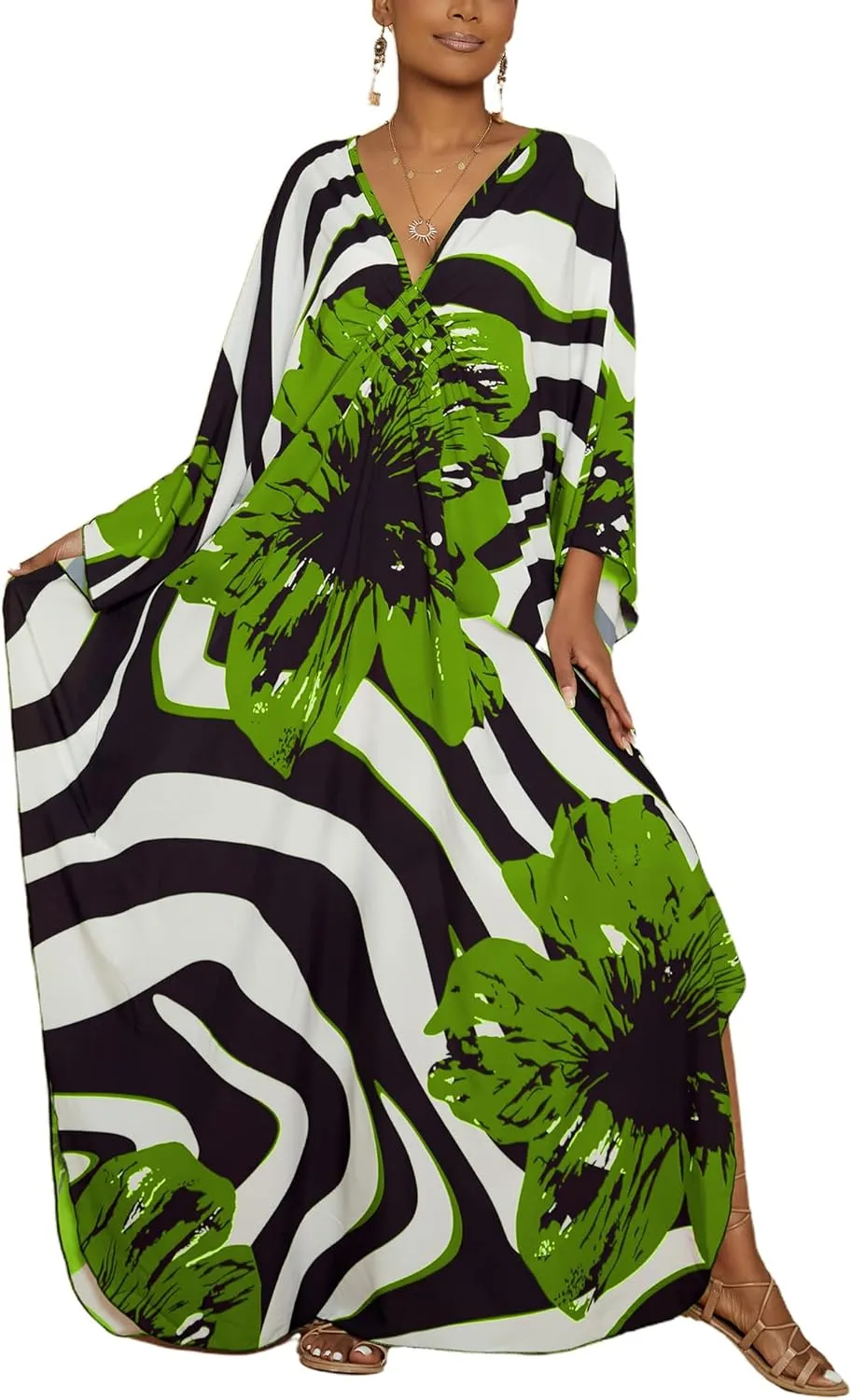 Bsubseach Women Floral Print Kaftan Dresses Plus Size Swimsuit Coverup 2025 Summer Bathing Suit Caftan Loungewear Beach Dress