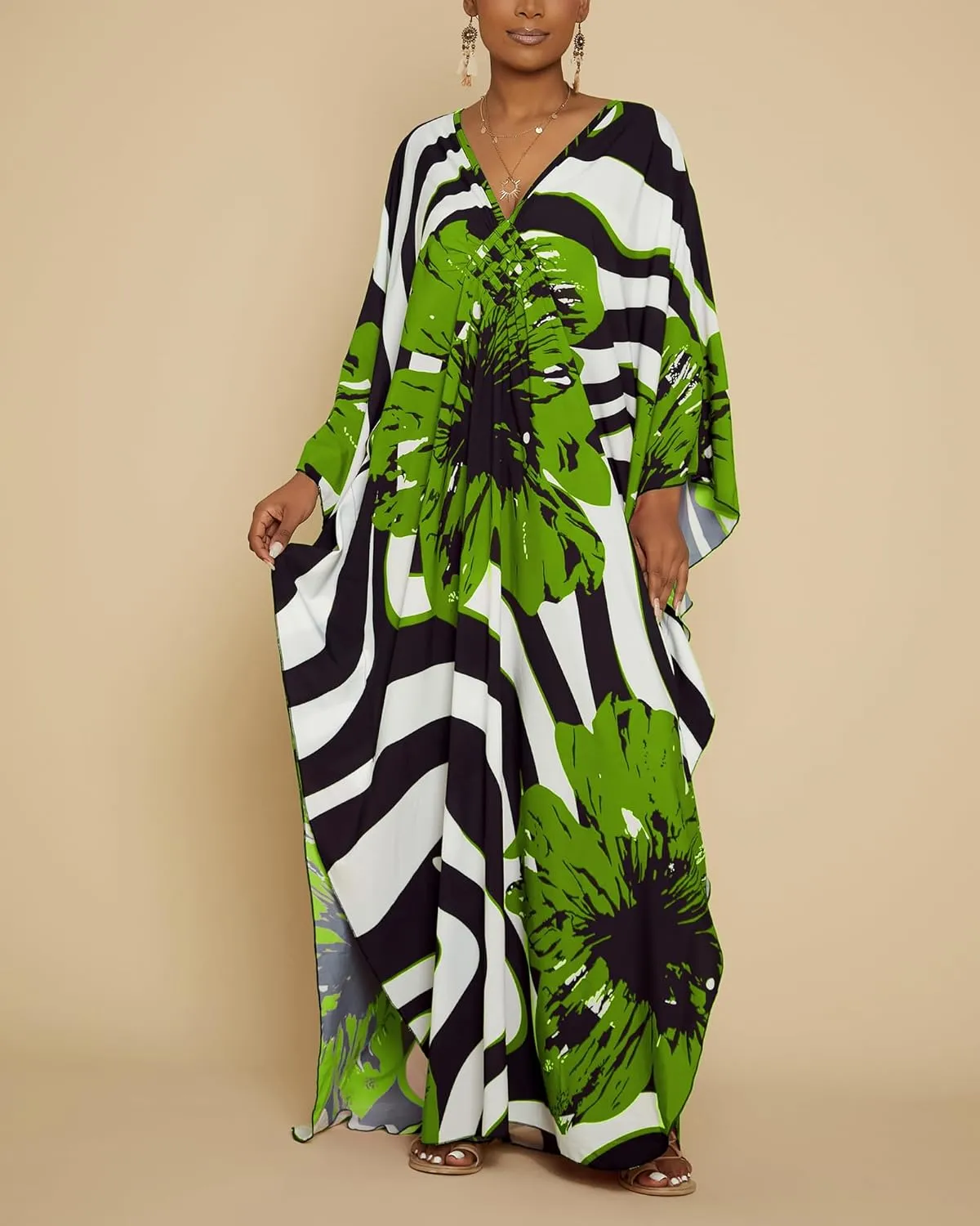 Bsubseach Women Floral Print Kaftan Dresses Plus Size Swimsuit Coverup 2025 Summer Bathing Suit Caftan Loungewear Beach Dress
