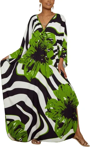 Bsubseach Women Floral Print Kaftan Dresses Plus Size Swimsuit Coverup 2025 Summer Bathing Suit Caftan Loungewear Beach Dress