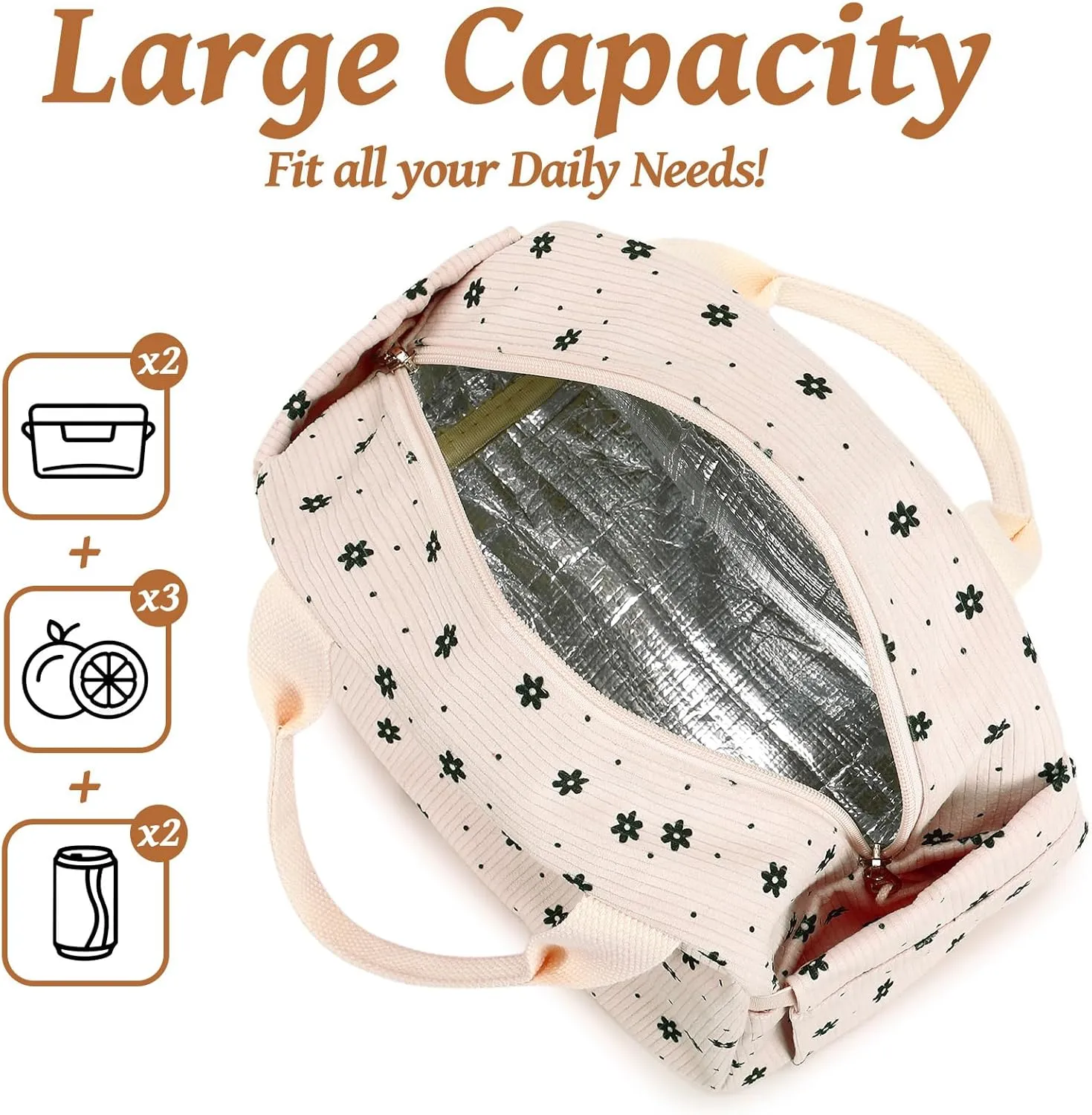 BTOOP Lunch Box for Women Men Cute Corduroy Lunch Bags Large Capacity Insulated Lunch Tote Bag For Work Travel Or Picnic