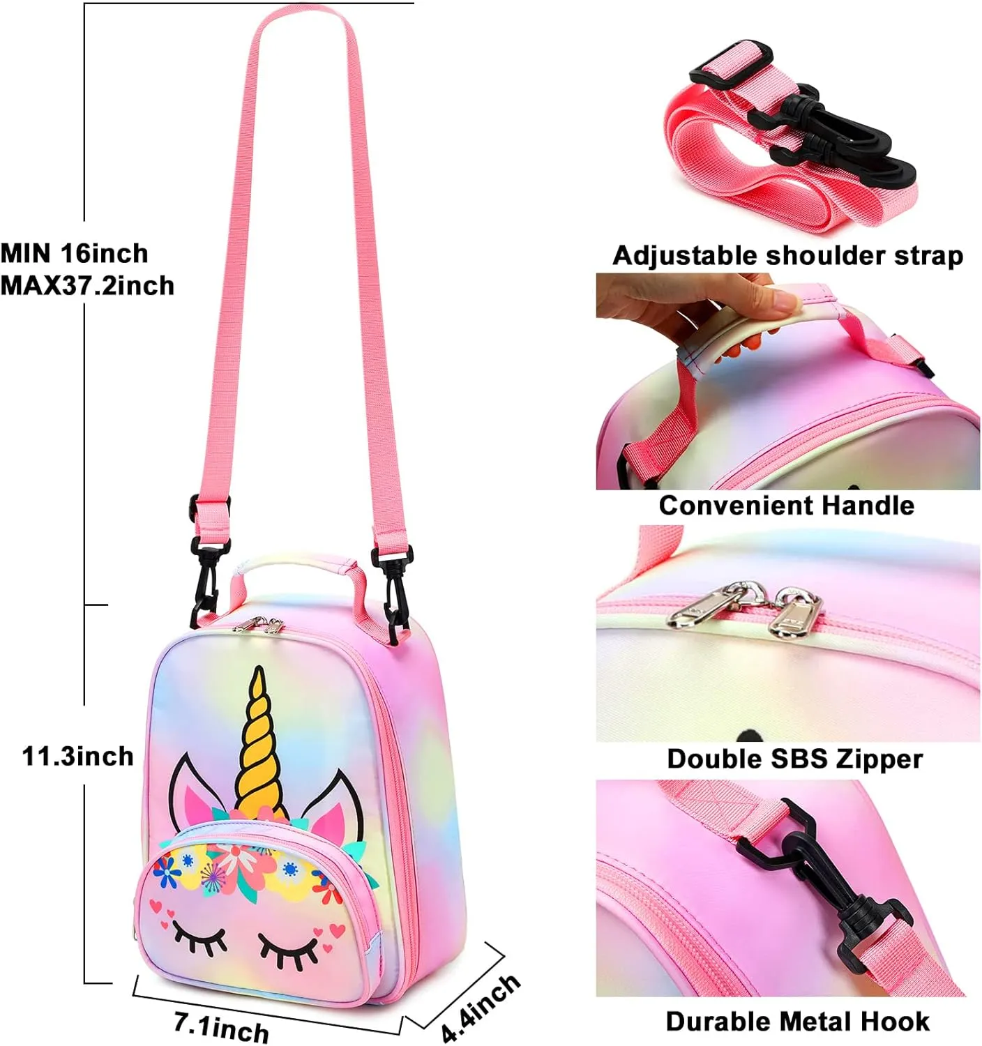 BTOOP Lunch Box Kids for Girls Insulated Lunch Bag Cute Reusable Toddler Thermal Meal Cooler Tote Crossbody Bags with Removable Shoulder Strap for School Travel (Rainbow 1)