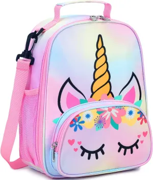 BTOOP Lunch Box Kids for Girls Insulated Lunch Bag Cute Reusable Toddler Thermal Meal Cooler Tote Crossbody Bags with Removable Shoulder Strap for School Travel (Rainbow 1)