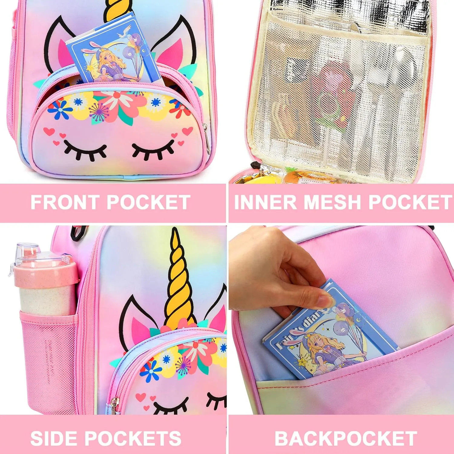 BTOOP Lunch Box Kids for Girls Insulated Lunch Bag Cute Reusable Toddler Thermal Meal Cooler Tote Crossbody Bags with Removable Shoulder Strap for School Travel (Rainbow 1)