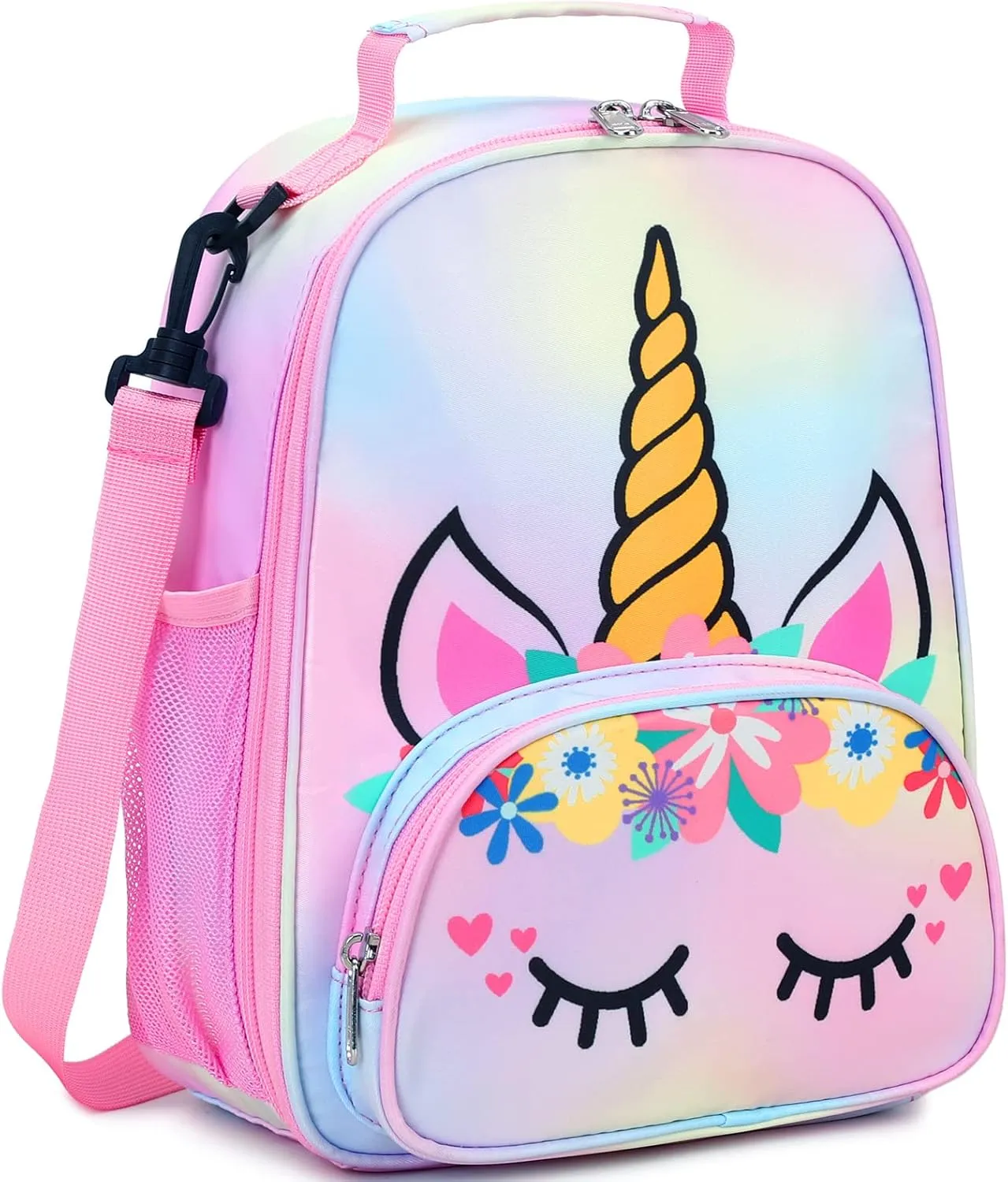 BTOOP Lunch Box Kids for Girls Insulated Lunch Bag Cute Reusable Toddler Thermal Meal Cooler Tote Crossbody Bags with Removable Shoulder Strap for School Travel (Rainbow 1)