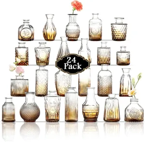 Bud Vases in Bulk 24, Glass Vases for Centerpieces, Small Flower Vases for Centerpieces, Vintage Mini Vase for Flowers, Amber Bud Vase for Wedding Table Decor