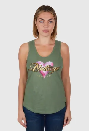 BULLZYE WOMENS HEART SINGLET (MOSS) - CLEARANCE