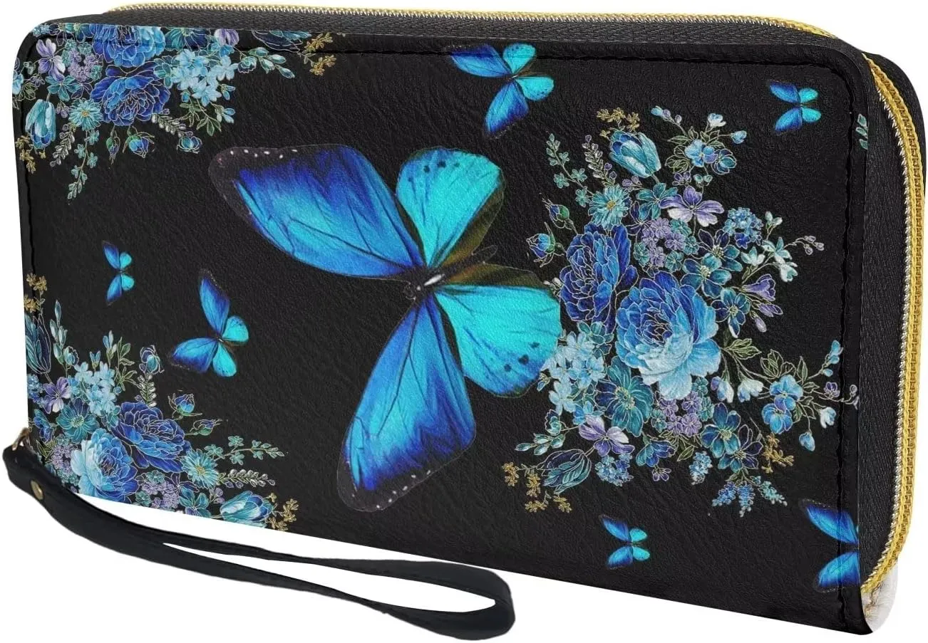 Bulopur Blue Butterfly Pattern Wallet for Women Zip Around Clutch Long Pu Leather Purse Credit Card Holder Phone Case Bags with Wristlet