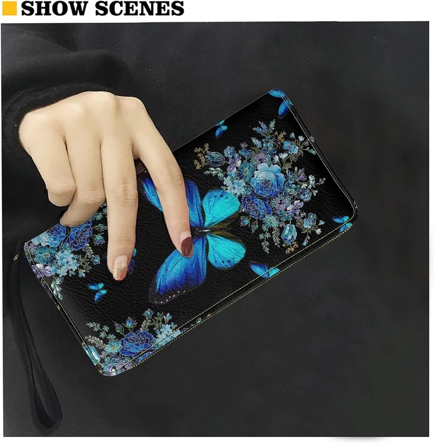 Bulopur Blue Butterfly Pattern Wallet for Women Zip Around Clutch Long Pu Leather Purse Credit Card Holder Phone Case Bags with Wristlet