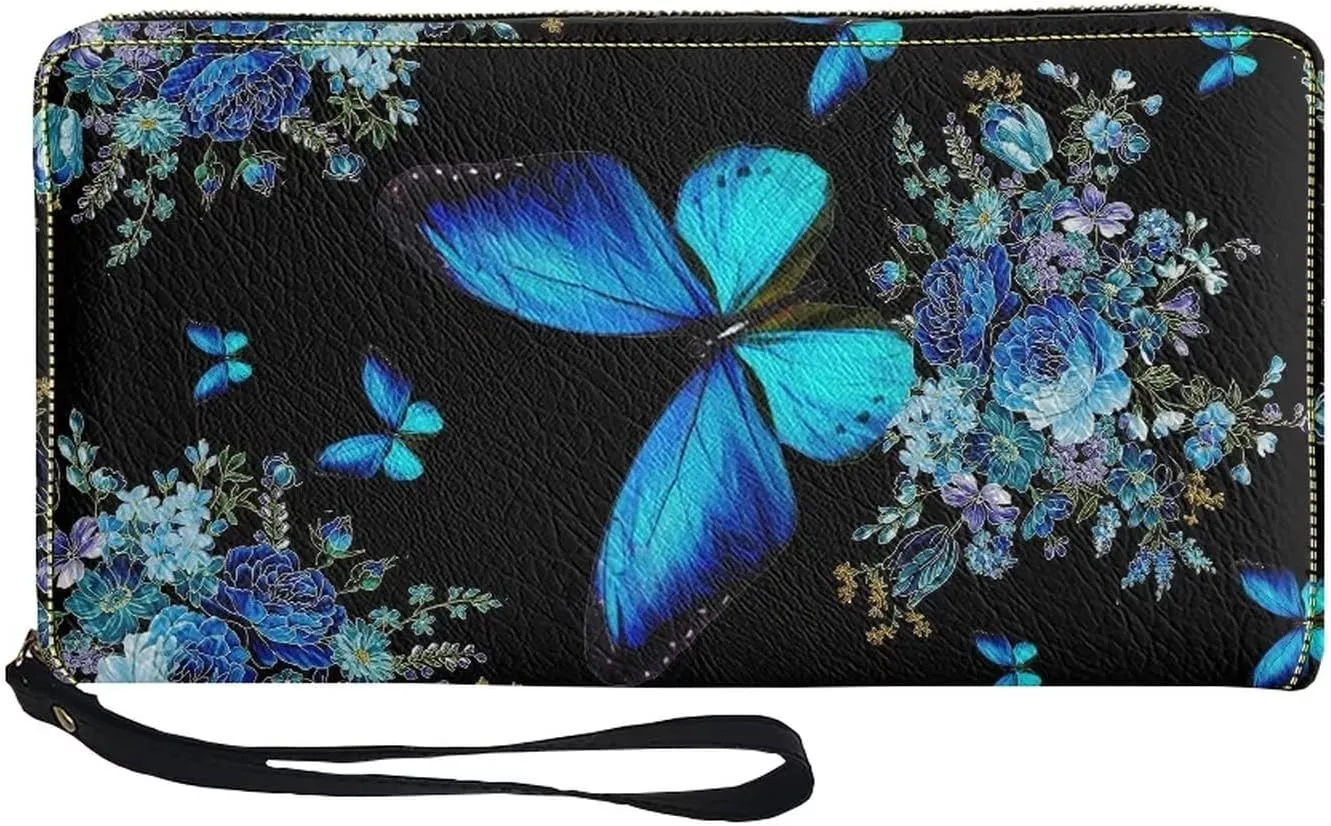 Bulopur Blue Butterfly Pattern Wallet for Women Zip Around Clutch Long Pu Leather Purse Credit Card Holder Phone Case Bags with Wristlet