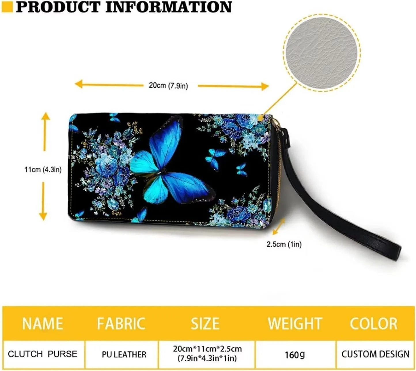Bulopur Blue Butterfly Pattern Wallet for Women Zip Around Clutch Long Pu Leather Purse Credit Card Holder Phone Case Bags with Wristlet