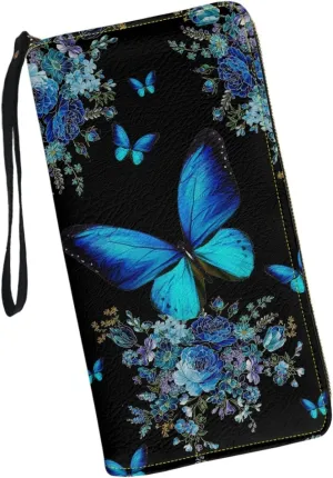 Bulopur Blue Butterfly Pattern Wallet for Women Zip Around Clutch Long Pu Leather Purse Credit Card Holder Phone Case Bags with Wristlet