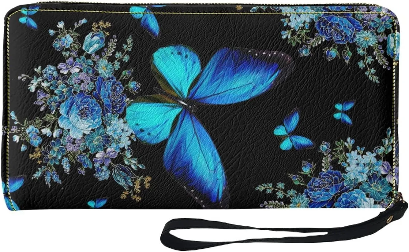 Bulopur Blue Butterfly Pattern Wallet for Women Zip Around Clutch Long Pu Leather Purse Credit Card Holder Phone Case Bags with Wristlet