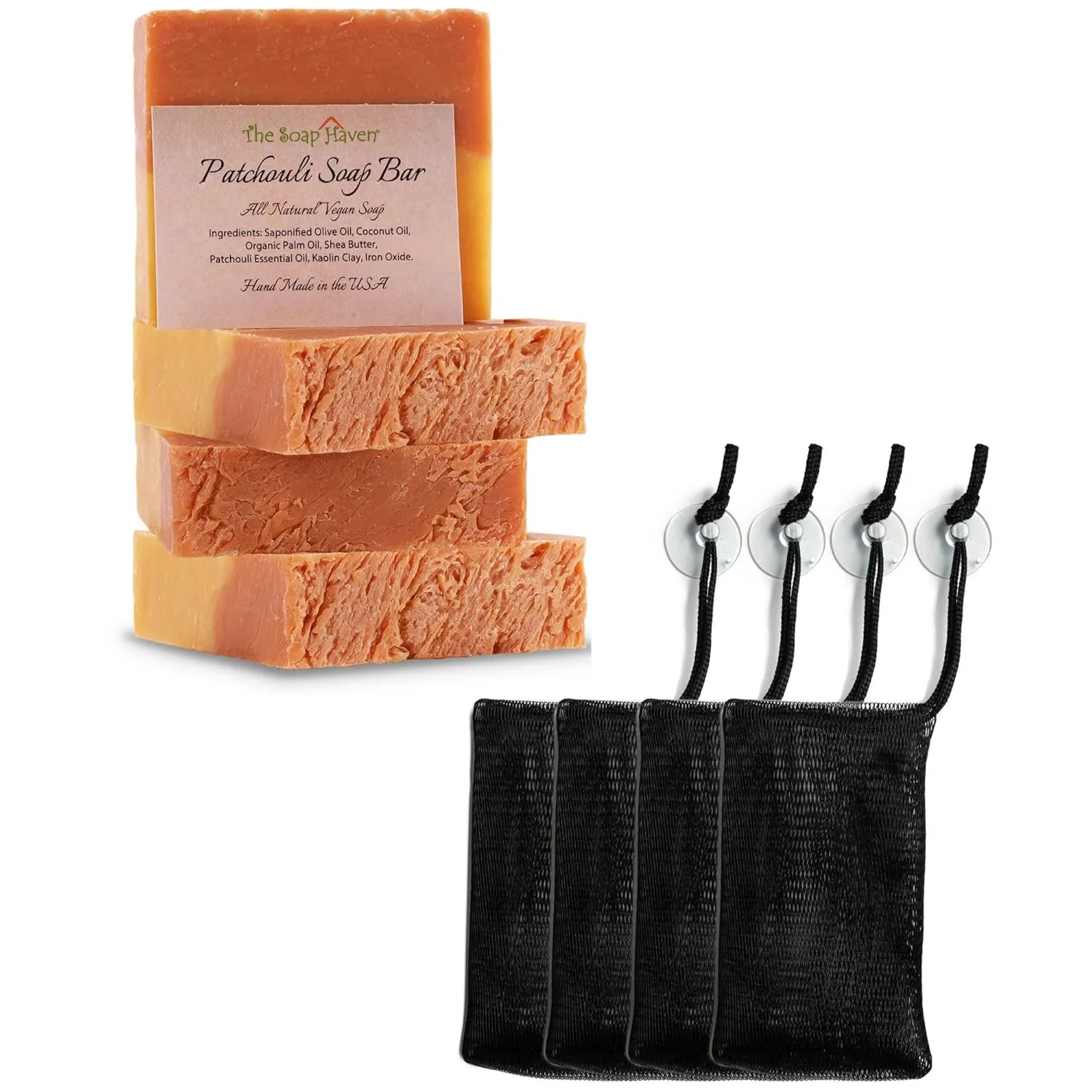 Bundle of 4 Patchouli Soap Bars and 4 Soap Saver Mesh Bags