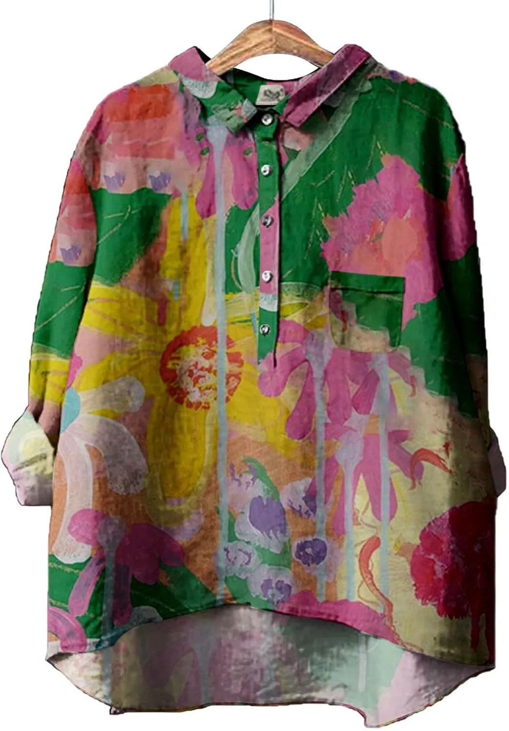 Button Down Shirts for Women Printed Loose Fit Tee Tops Lapel Neck Button Blouses Long Womens Clothes Trendy Spring
