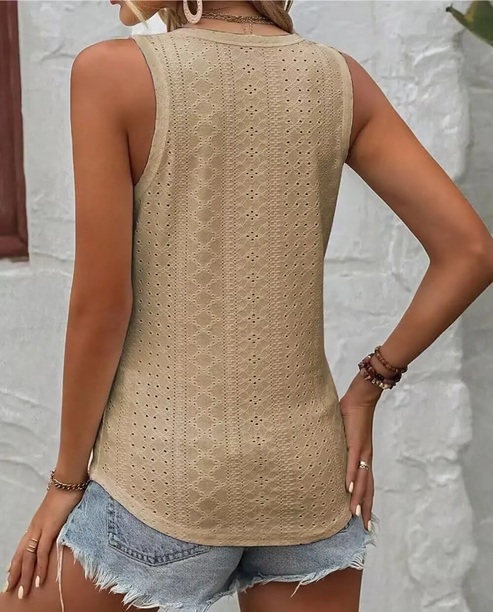 Button Embroidered Eyelet Tank Top Women Summer Tops Casual Country V Neck Tee Shirts Sleeveless Fashion Loose Blouse